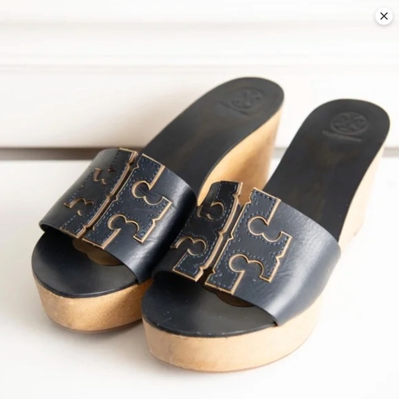 Tory Burch Wedge Leather Wood Platform Sandals LOGO Size 9 Slip On Heels - Picture 1 of 7